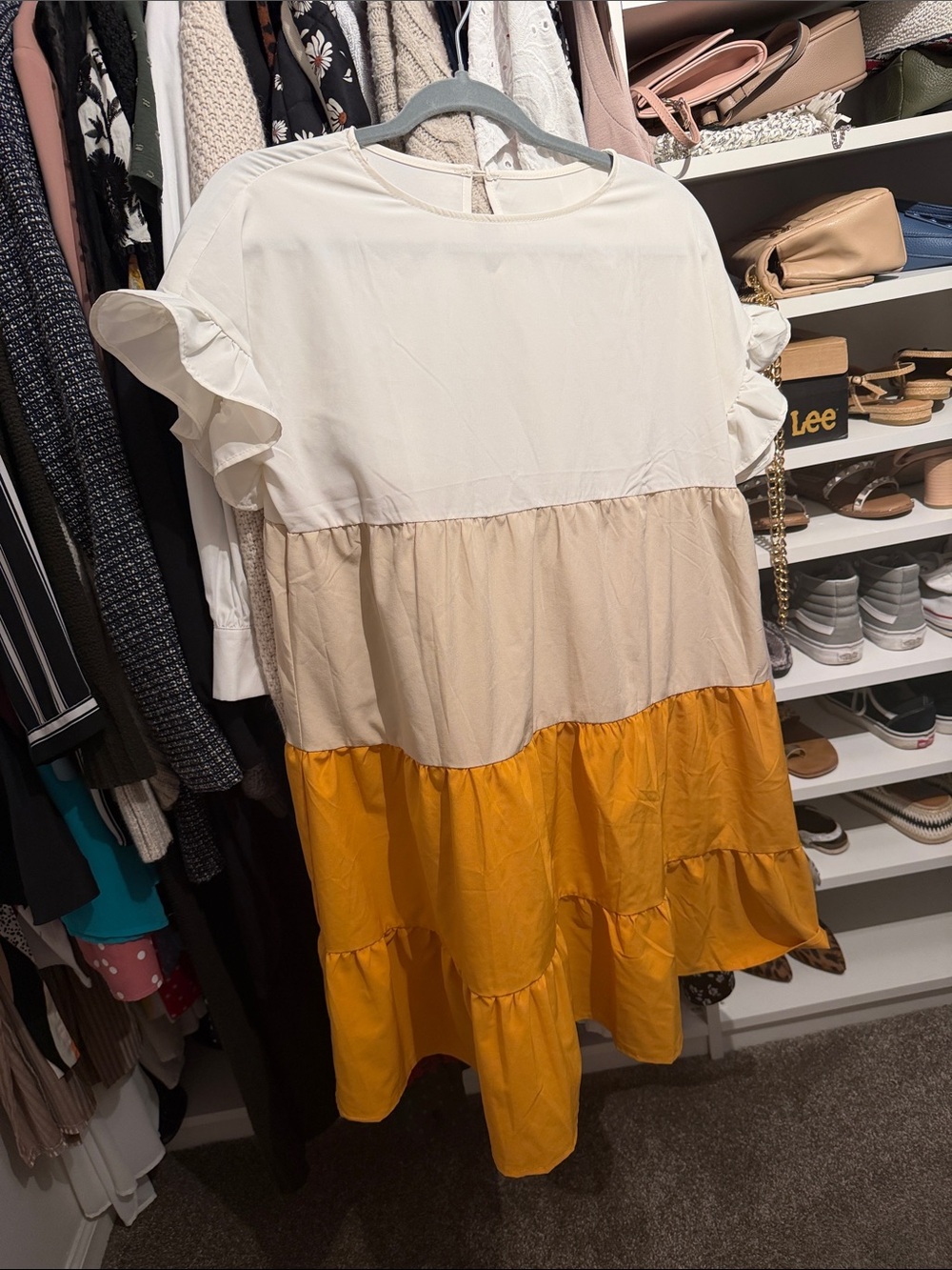 Tiered Colorblock Ruffle-Sleeve Dress - White, Beige & Mustard
